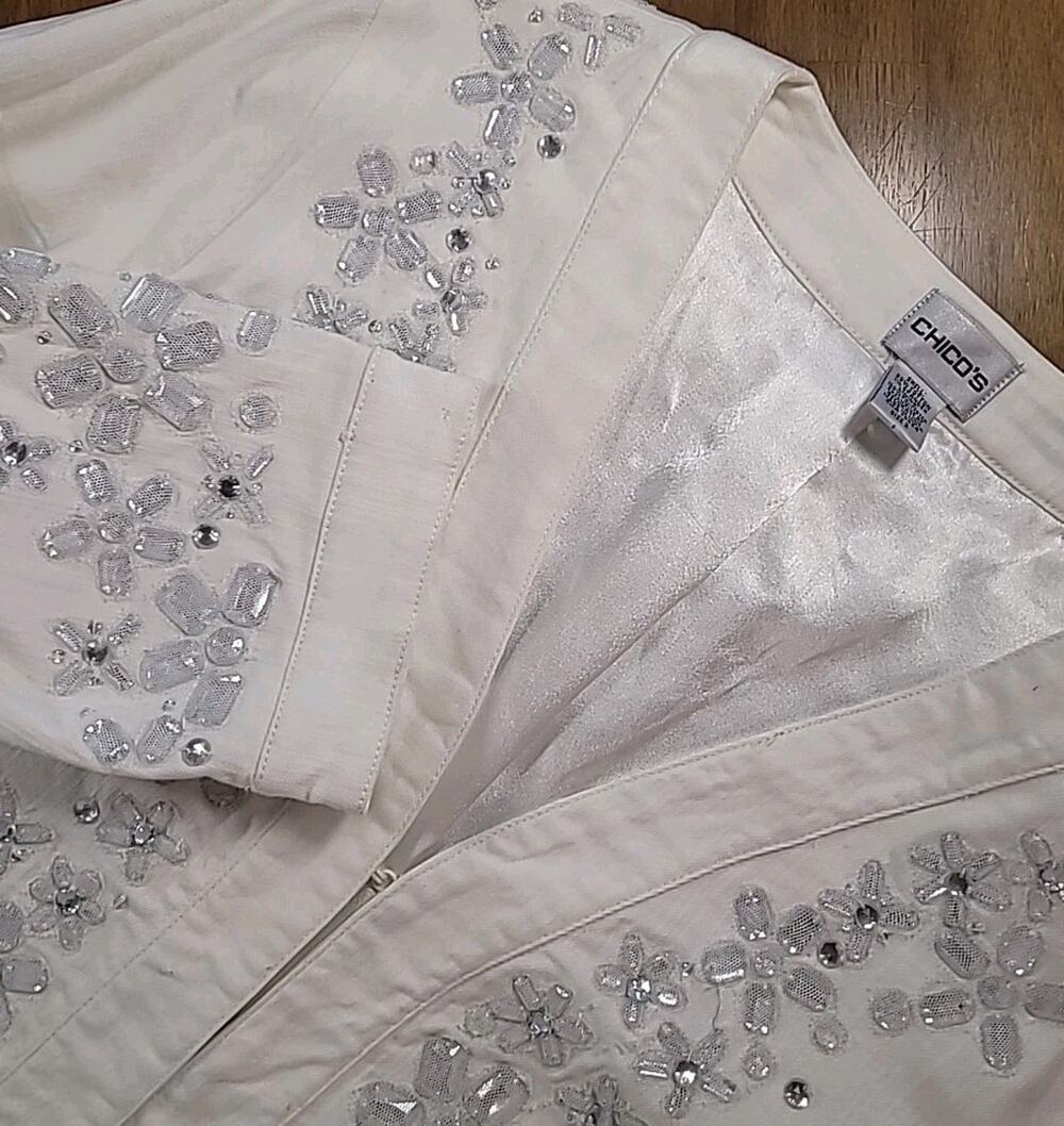 Glamorous Chico's Womens White Denim Open Front Jacket Rhinestones Pearls Sz 2
